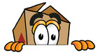 Clip Art Graphic of a Cardboard Shipping Box Cartoon Character Peeking Over a Surface