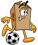 Clip Art Graphic of a Cardboard Shipping Box Cartoon Character Kicking a Soccer Ball