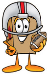 Clip Art Graphic of a Cardboard Shipping Box Cartoon Character in a Helmet, Holding a Football