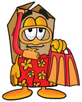 Clip Art Graphic of a Cardboard Shipping Box Cartoon Character in Orange and Red Snorkel Gear