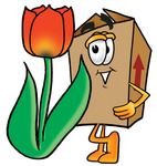 Clip Art Graphic of a Cardboard Shipping Box Cartoon Character With a Red Tulip Flower in the Spring