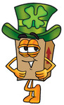 Clip Art Graphic of a Cardboard Shipping Box Cartoon Character Wearing a Saint Patricks Day Hat With a Clover on it