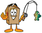 Clip Art Graphic of a Cardboard Shipping Box Cartoon Character Holding a Fish on a Fishing Pole