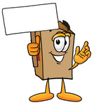 Clip Art Graphic of a Cardboard Shipping Box Cartoon Character Holding a Blank Sign