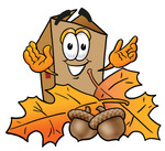 Clip Art Graphic of a Cardboard Shipping Box Cartoon Character With Autumn Leaves and Acorns in the Fall