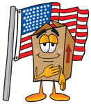 Clip Art Graphic of a Cardboard Shipping Box Cartoon Character Pledging Allegiance to an American Flag