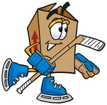 Clip Art Graphic of a Cardboard Shipping Box Cartoon Character Playing Ice Hockey