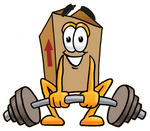 Clip Art Graphic of a Cardboard Shipping Box Cartoon Character Lifting a Heavy Barbell