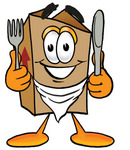 Clip Art Graphic of a Cardboard Shipping Box Cartoon Character Holding a Knife and Fork