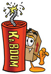 Clip Art Graphic of a Cardboard Shipping Box Cartoon Character Standing With a Lit Stick of Dynamite