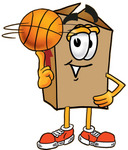 Clip Art Graphic of a Cardboard Shipping Box Cartoon Character Spinning a Basketball on His Finger