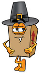 Clip Art Graphic of a Cardboard Shipping Box Cartoon Character Wearing a Pilgrim Hat on Thanksgiving