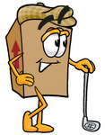 Clip Art Graphic of a Cardboard Shipping Box Cartoon Character Leaning on a Golf Club While Golfing