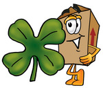 Clip Art Graphic of a Cardboard Shipping Box Cartoon Character With a Green Four Leaf Clover on St Paddy’s or St Patricks Day