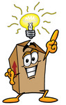 Clip Art Graphic of a Cardboard Shipping Box Cartoon Character With a Bright Idea
