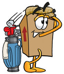 Clip Art Graphic of a Cardboard Shipping Box Cartoon Character Swinging His Golf Club While Golfing