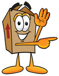 Clip Art Graphic of a Cardboard Shipping Box Cartoon Character Waving and Pointing