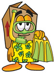 Clip Art Graphic of a Cardboard Shipping Box Cartoon Character in Green and Yellow Snorkel Gear