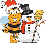 Clip art Graphic of a Honey Bee Cartoon Character With a Snowman on Christmas