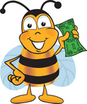 Clip art Graphic of a Honey Bee Cartoon Character Holding a Dollar Bill