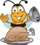 Clip art Graphic of a Honey Bee Cartoon Character Serving a Thanksgiving Turkey on a Platter