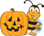 Clip art Graphic of a Honey Bee Cartoon Character With a Carved Halloween Pumpkin