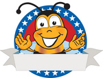 Clip art Graphic of a Honey Bee Cartoon Character Logo With Stars and a Blank Label