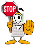 Clip Art Graphic of a Calculator Cartoon Character Holding a Stop Sign