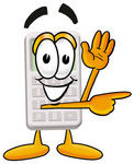 Clip Art Graphic of a Calculator Cartoon Character Waving and Pointing