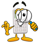 Clip Art Graphic of a Calculator Cartoon Character Looking Through a Magnifying Glass