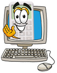 Clip Art Graphic of a Calculator Cartoon Character Waving From Inside a Computer Screen