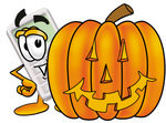 Clip Art Graphic of a Calculator Cartoon Character With a Carved Halloween Pumpkin
