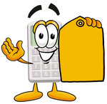 Clip Art Graphic of a Calculator Cartoon Character Holding a Yellow Sales Price Tag
