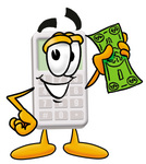 Clip Art Graphic of a Calculator Cartoon Character Holding a Dollar Bill