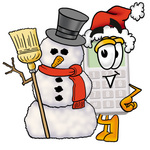 Clip Art Graphic of a Calculator Cartoon Character With a Snowman on Christmas