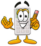 Clip Art Graphic of a Calculator Cartoon Character Holding a Pencil