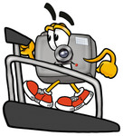 Clip Art Graphic of a Flash Camera Cartoon Character Walking on a Treadmill in a Fitness Gym