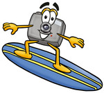 Clip Art Graphic of a Flash Camera Cartoon Character Surfing on a Blue and Yellow Surfboard