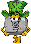 Clip Art Graphic of a Flash Camera Cartoon Character Wearing a Saint Patricks Day Hat With a Clover on it