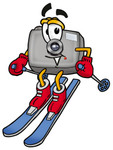 Clip Art Graphic of a Flash Camera Cartoon Character Skiing Downhill