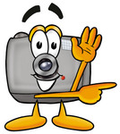 Clip Art Graphic of a Flash Camera Cartoon Character Waving and Pointing