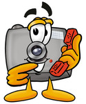 Clip Art Graphic of a Flash Camera Cartoon Character Holding a Telephone