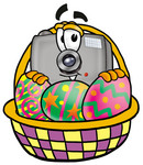 Clip Art Graphic of a Flash Camera Cartoon Character in an Easter Basket Full of Decorated Easter Eggs