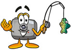 Clip Art Graphic of a Flash Camera Cartoon Character Holding a Fish on a Fishing Pole