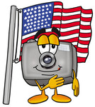 Clip Art Graphic of a Flash Camera Cartoon Character Pledging Allegiance to an American Flag