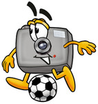 Clip Art Graphic of a Flash Camera Cartoon Character Kicking a Soccer Ball