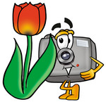 Clip Art Graphic of a Flash Camera Cartoon Character With a Red Tulip Flower in the Spring