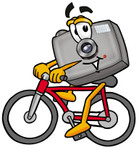Clip Art Graphic of a Flash Camera Cartoon Character Riding a Bicycle