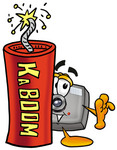 Clip Art Graphic of a Flash Camera Cartoon Character Standing With a Lit Stick of Dynamite