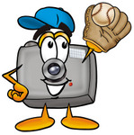 Clip Art Graphic of a Flash Camera Cartoon Character Catching a Baseball With a Glove